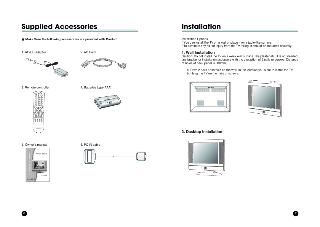 LG Electronics LT-20AEP owner manual Supplied Accessories, Wall Installation, Desktop Installation 