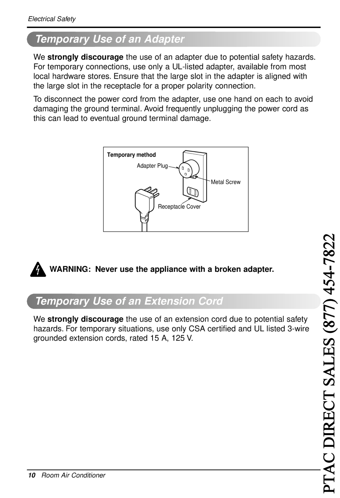 LG Electronics LT1030H, LT0810C, LT1230H, LT1010C, LT1030C Temporary Use of an Adapter, Temporary Use of an Extension Cord 