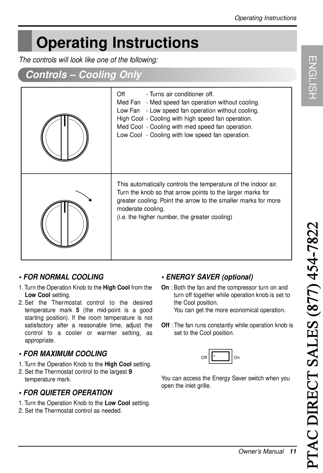 LG Electronics LT1030C, LT0810C, LT1230H, LT1010C, LT1030H, LT1230C, LT1210C Operating Instructions, Controls Cooling Only 