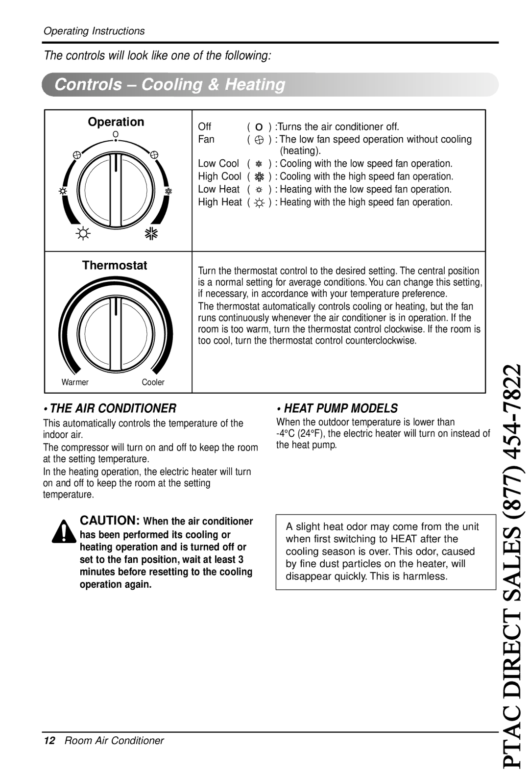 LG Electronics LT1230C, LT0810C, LT1230H, LT1010C, LT1030H, LT1030C, LT1210C owner manual Controls Cooling & Heating, Operation 