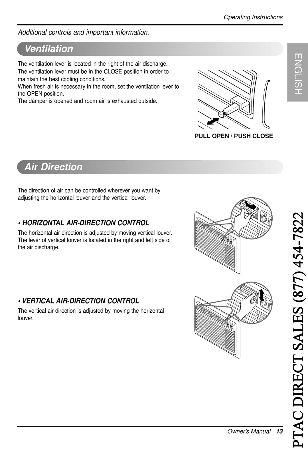 LG Electronics LT1210C, LT0810C, LT1230H, LT1010C, LT1030H, LT1030C, LT1230C owner manual Ventilation, Air Direction 