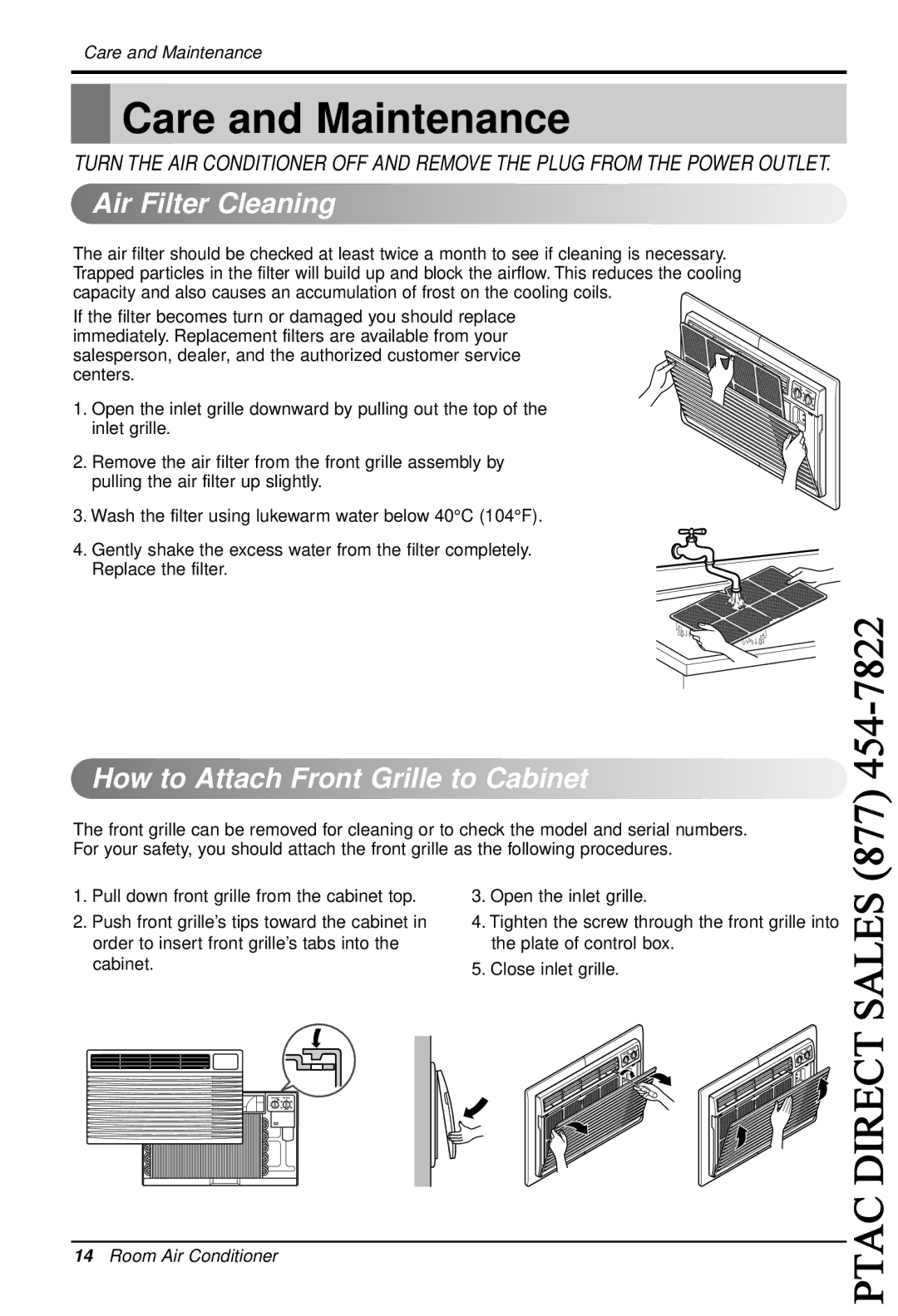 LG Electronics LT0810C, LT1230H, LT1010C Care and Maintenance, Air Filter Cleaning, How to Attach Front Grille to Cabinet 