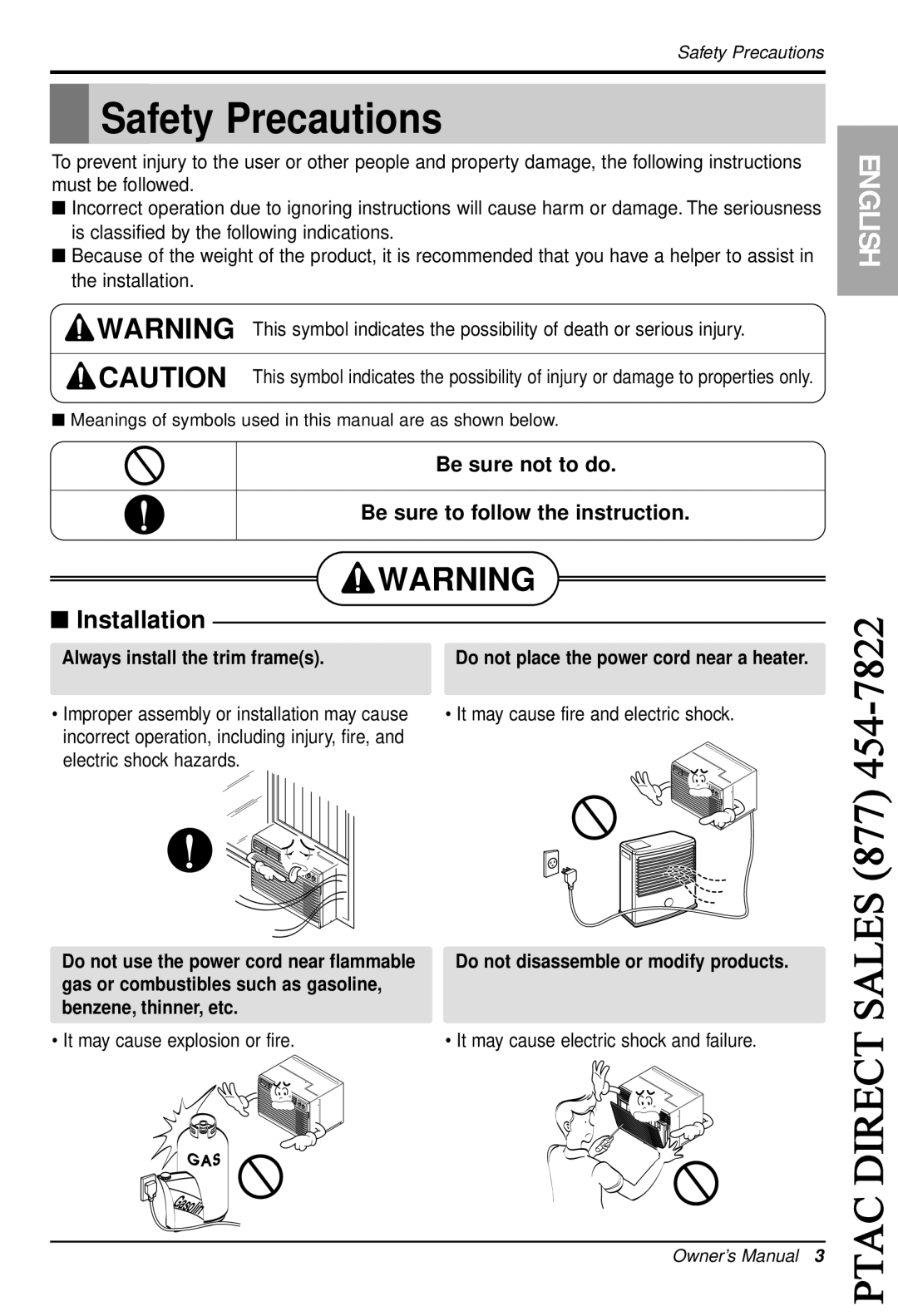 LG Electronics LT1030H, LT0810C, LT1230H, LT1010C Safety Precautions, Ptac Direct Sales 877, Always install the trim frames 