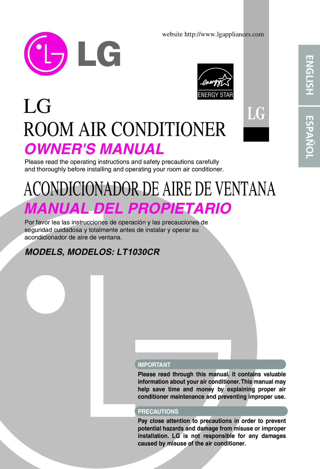 LG Electronics LT1030CR owner manual Room AIR Conditioner 