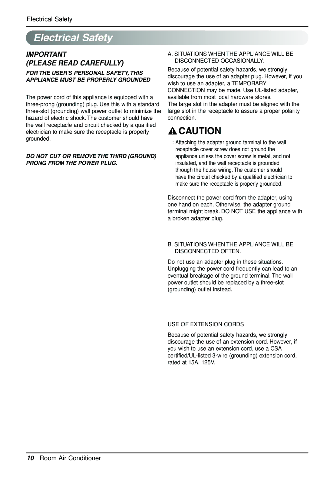 LG Electronics LT1030CR owner manual Electrical Safety, Please Read Carefully 