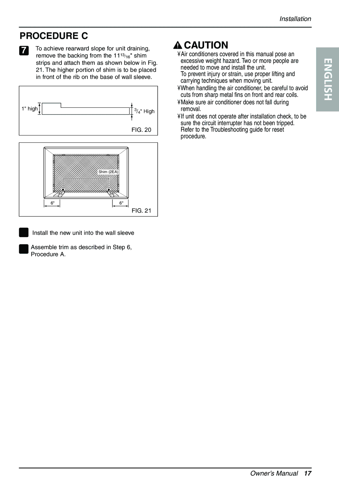 LG Electronics LT1030CR owner manual To achieve rearward slope for unit draining, Remove the backing from the 1113/16 shim 