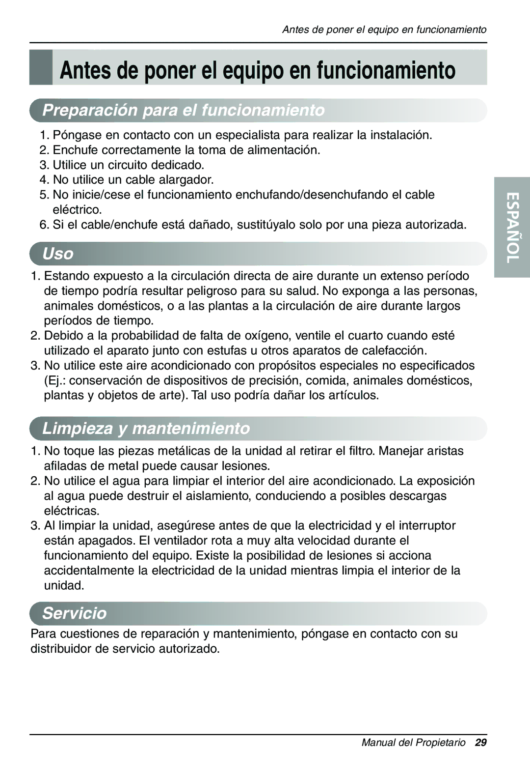 LG Electronics LT1030CR owner manual Preparación para el funcionamiento, Uso, Limpieza y mantenimiento, Servicio 