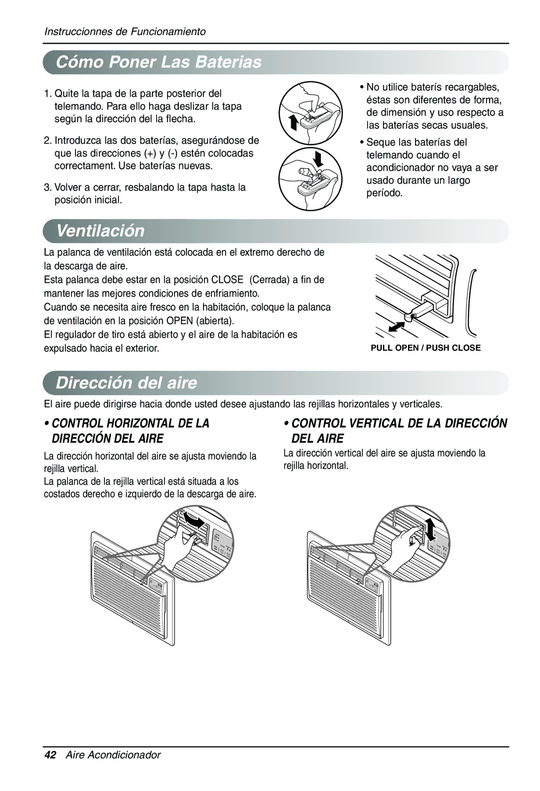 LG Electronics LT1030CR owner manual Cómo Poner Las Baterias, Ventilación, Dirección del aire 