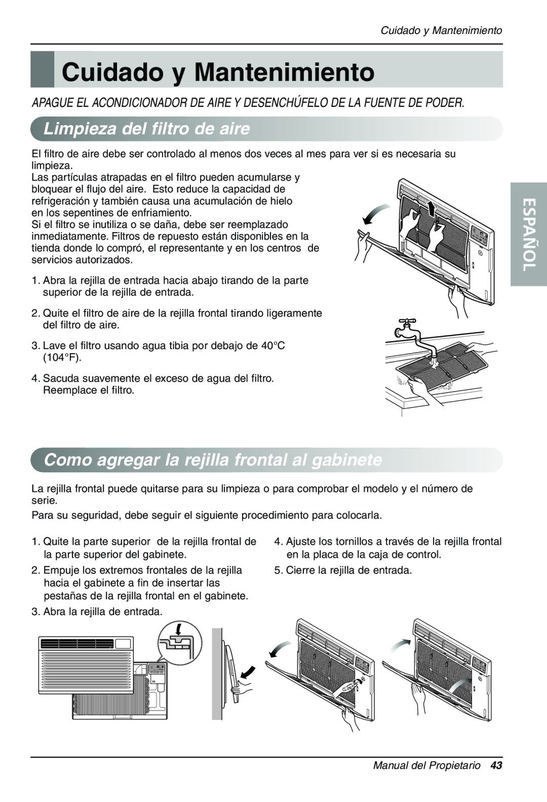 LG Electronics LT1030CR Cuidado y Mantenimiento, Limpieza del filtro de aire, Como agregar la rejilla frontal al gabinete 