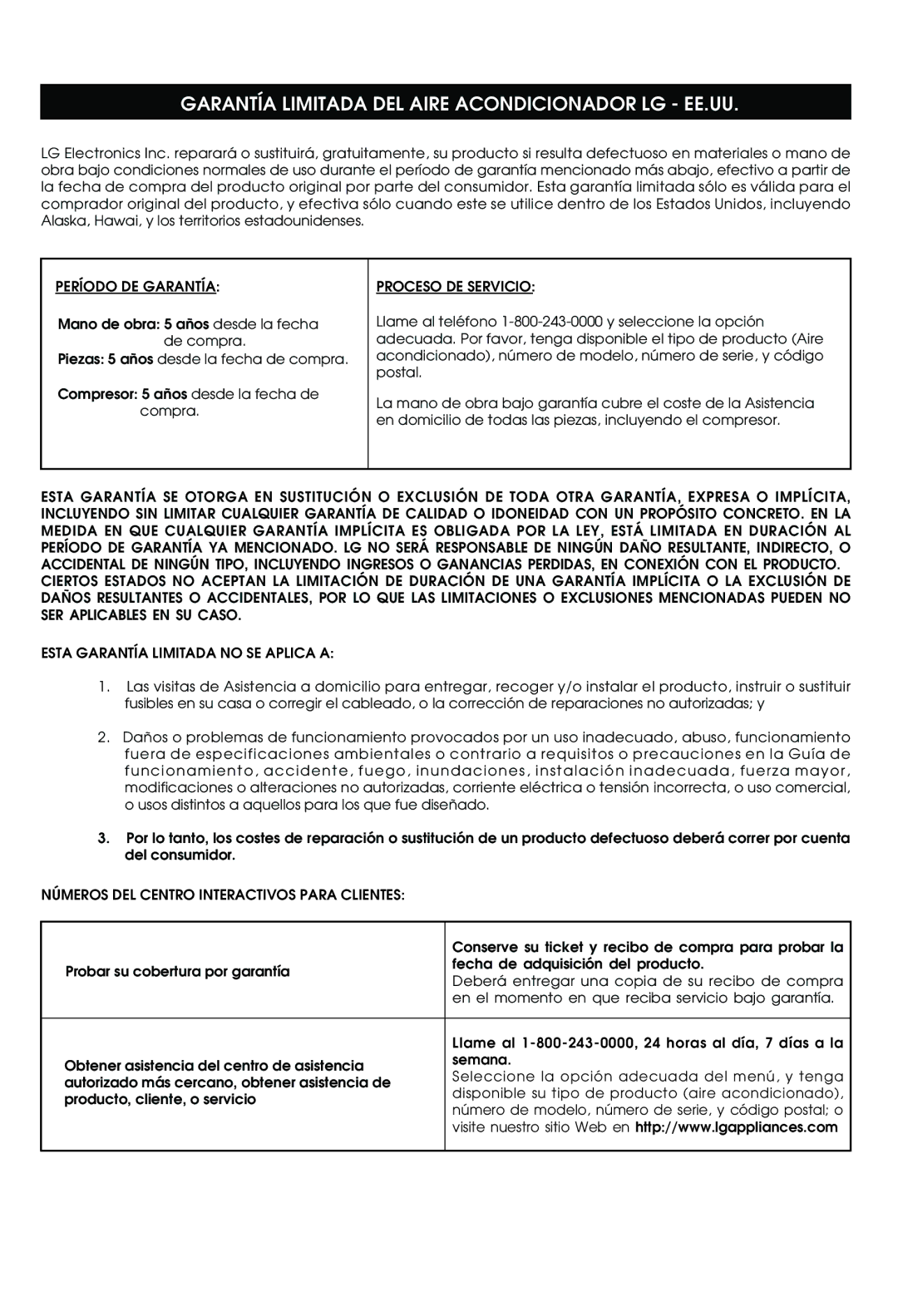 LG Electronics LT1030CR owner manual Garantía Limitada DEL Aire Acondicionador LG EE.UU 