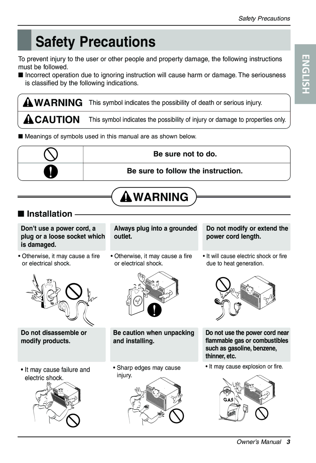 LG Electronics LT1210CR, LT0810CR, LT1010CR Safety Precautions, Don’t use a power cord, a Always plug into a grounded 