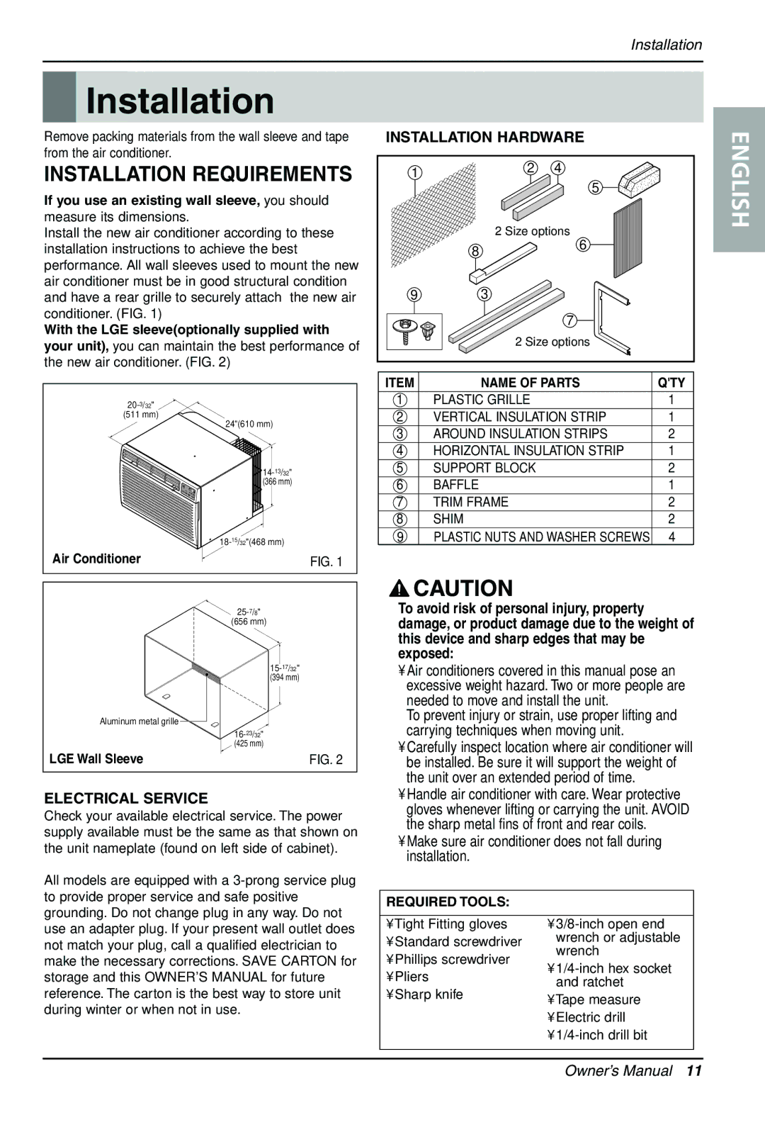 LG Electronics LT1430CR Installation Requirements, Make sure air conditioner does not fall during installation 