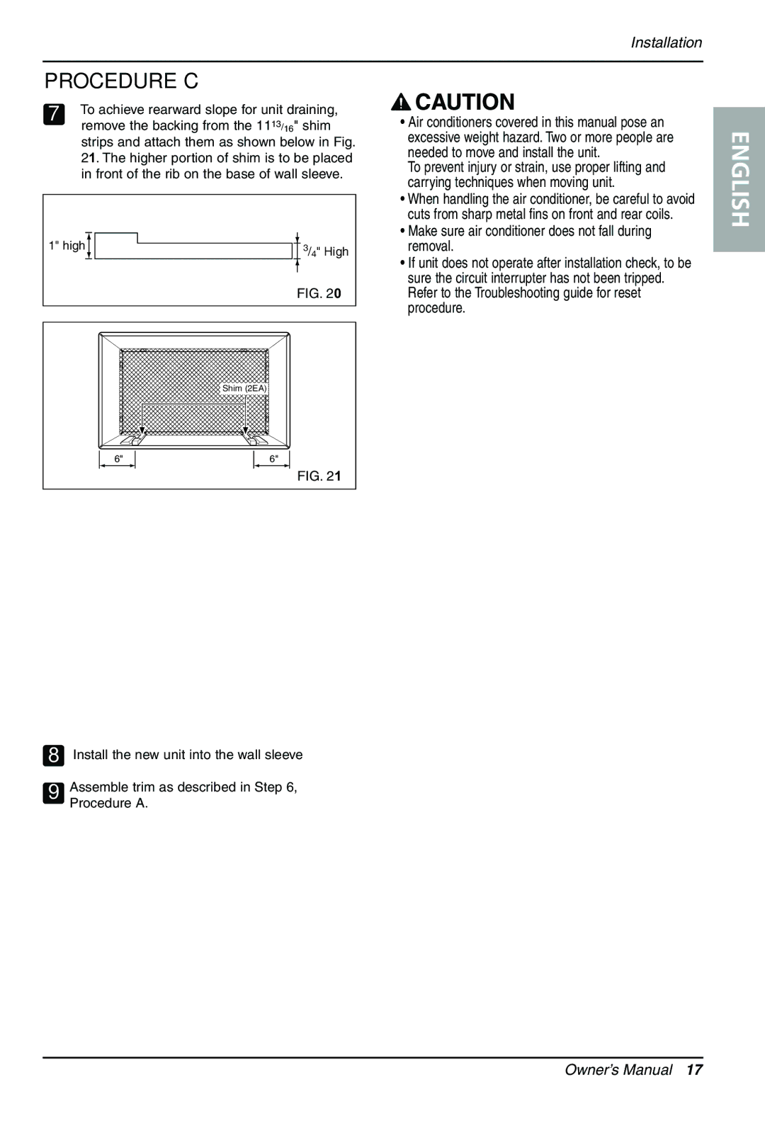 LG Electronics LT1430CR owner manual To achieve rearward slope for unit draining, Remove the backing from the 1113/16 shim 