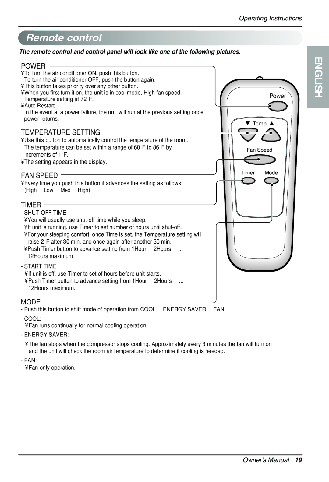 LG Electronics LT1430CR owner manual Remote control, Increments of 1 F, FAN Fan-only operation 