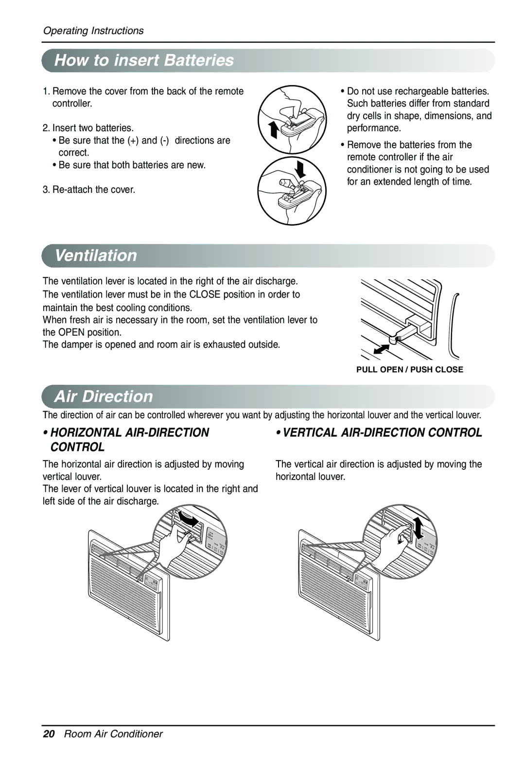 LG Electronics LT1430CR owner manual How to insert Batteries, Ventilation, Air Direction 