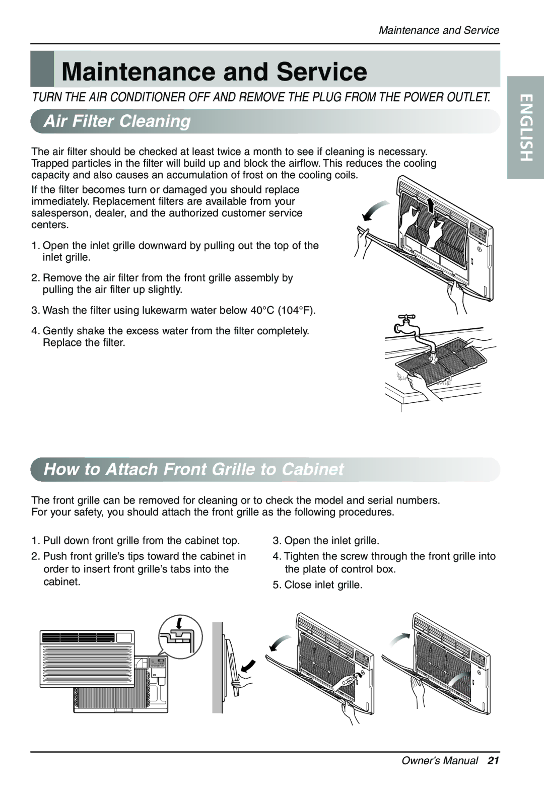 LG Electronics LT1430CR owner manual Maintenance and Service, Air Filter Cleaning, How to Attach Front Grille to Cabinet 