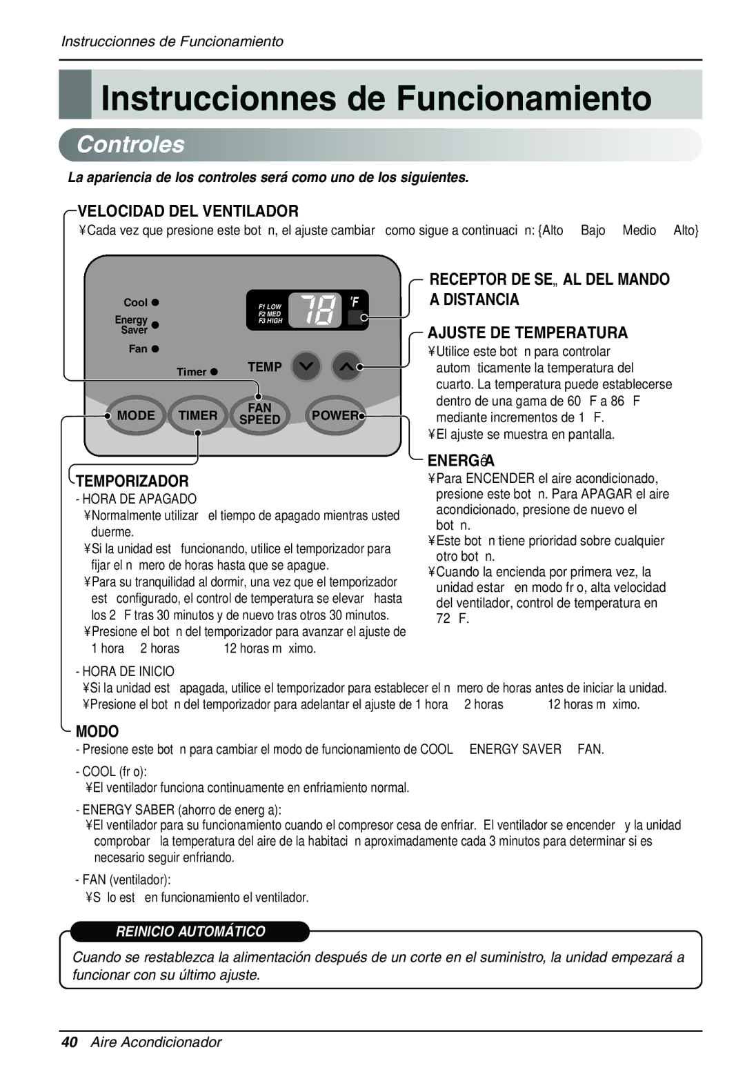 LG Electronics LT1430CR owner manual Instruccionnes de Funcionamiento, Controles, El ajuste se muestra en pantalla 