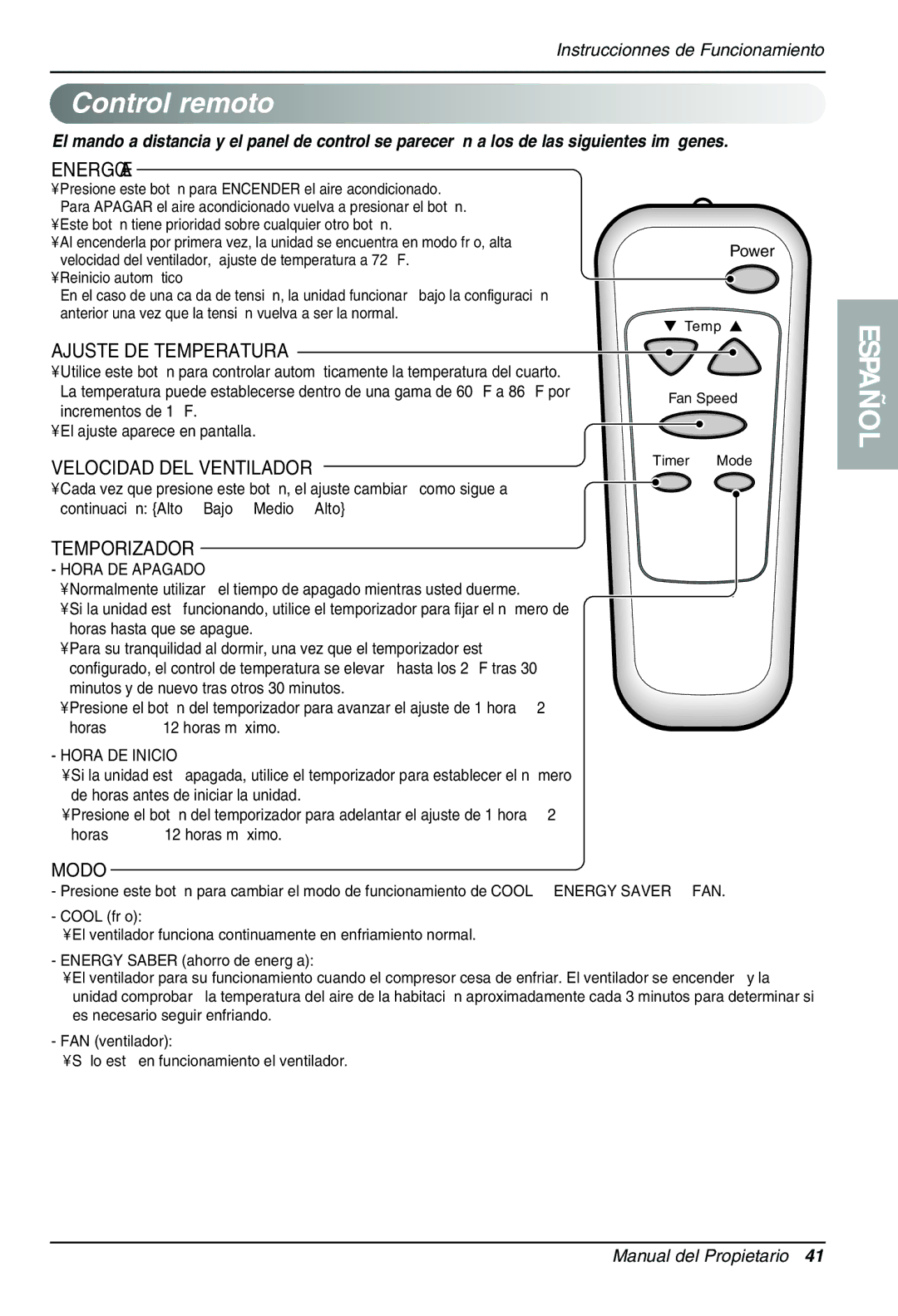 LG Electronics LT1430CR owner manual Control remoto, Reinicio automático, Incrementos de 1 F, El ajuste aparece en pantalla 