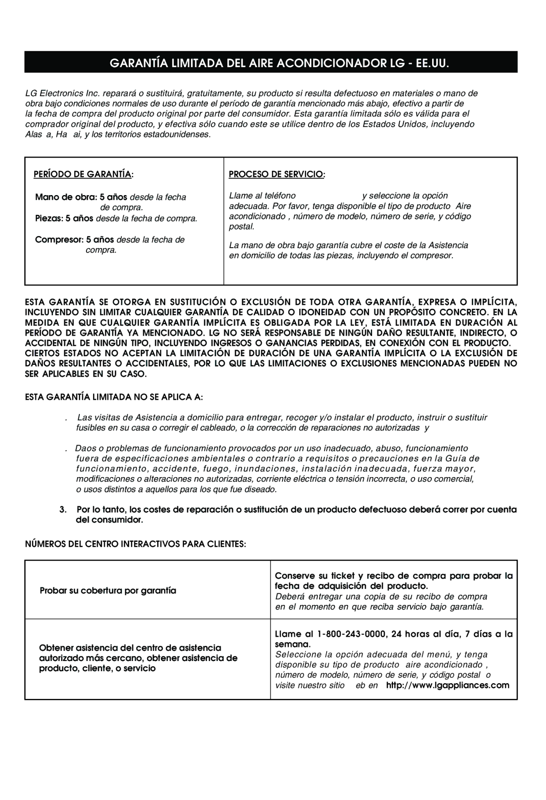 LG Electronics LT1430CR owner manual Garantía Limitada DEL Aire Acondicionador LG EE.UU 