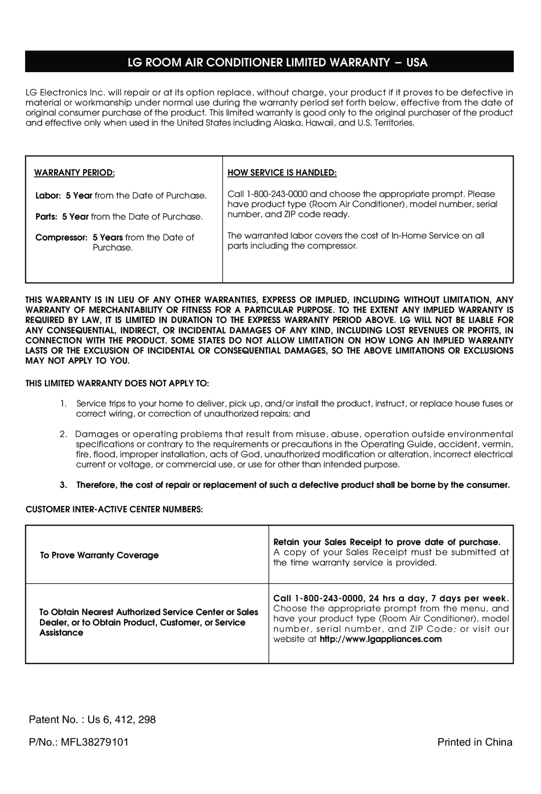 LG Electronics LT1430CR owner manual LG Room AIR Conditioner Limited Warranty USA, Patent No. Us 6, 412 No. MFL38279101 