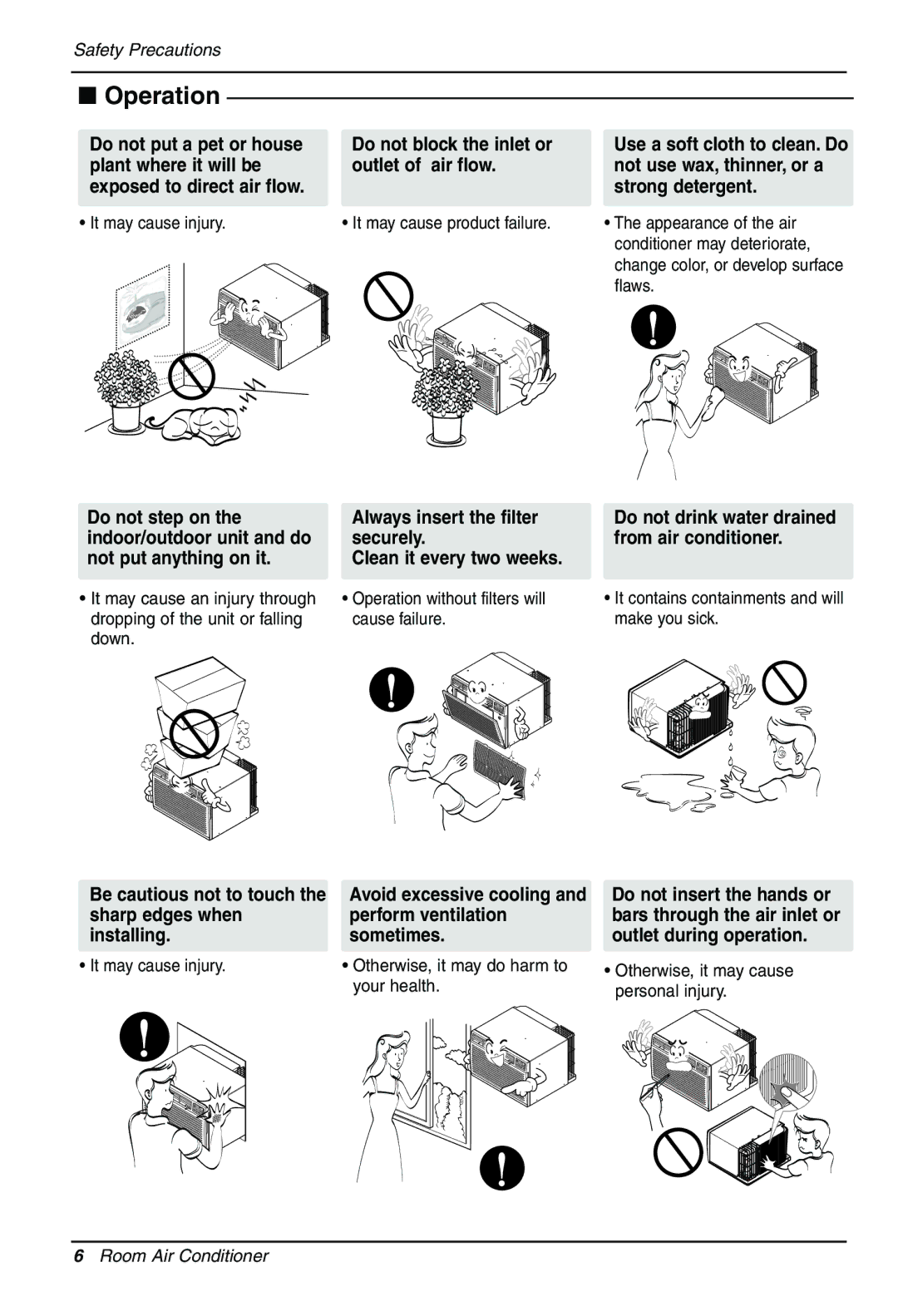 LG Electronics LT1430CR owner manual Do not block the inlet or outlet of air flow, Do not step on Always insert the filter 