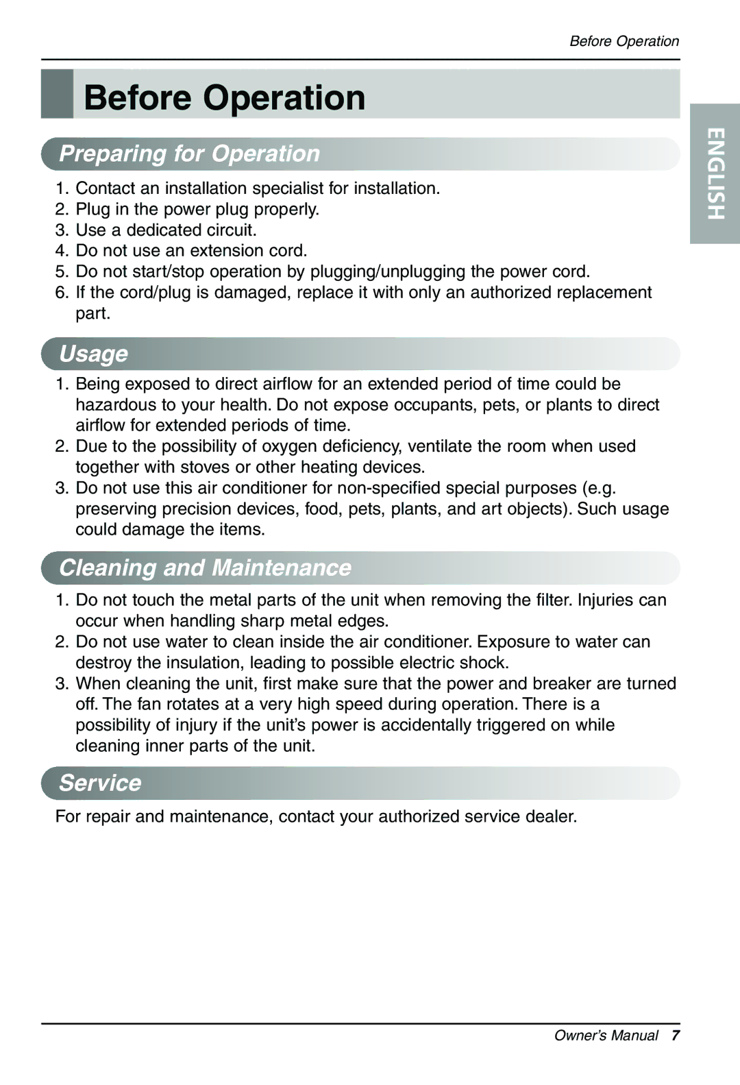 LG Electronics LT1430CR owner manual Before Operation, Preparing for Operation, Usage, Cleaning and Maintenance, Service 