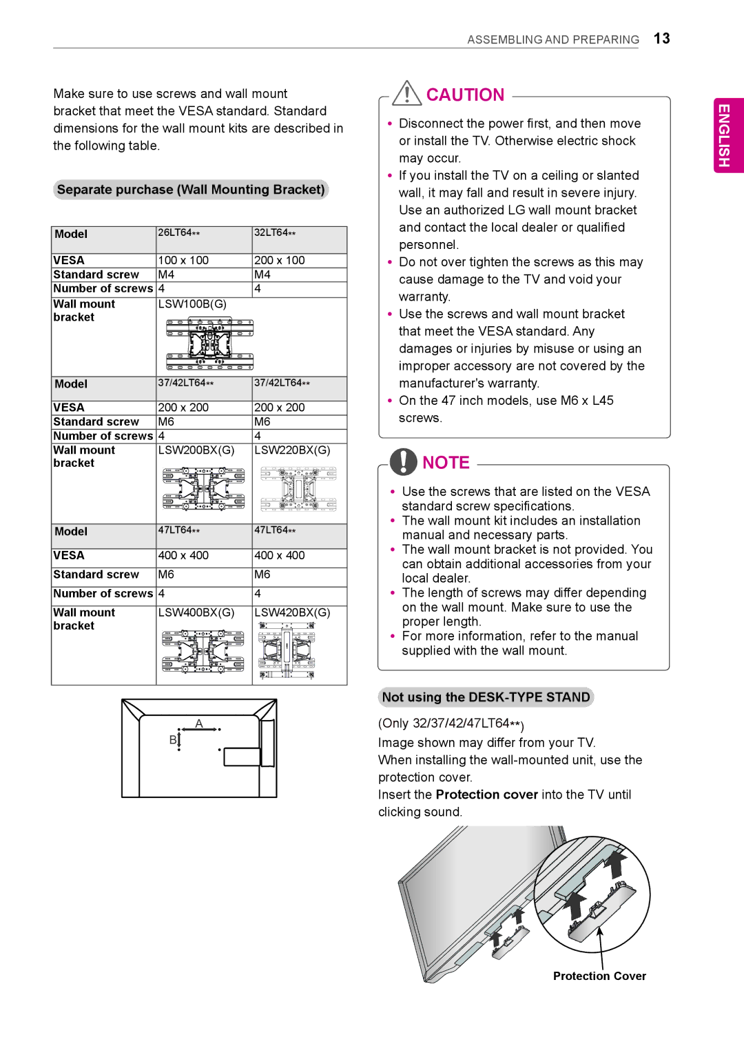 LG Electronics LT64 owner manual Wall, it may fall and result in severe injury, Use an authorized LG wall mount bracket 