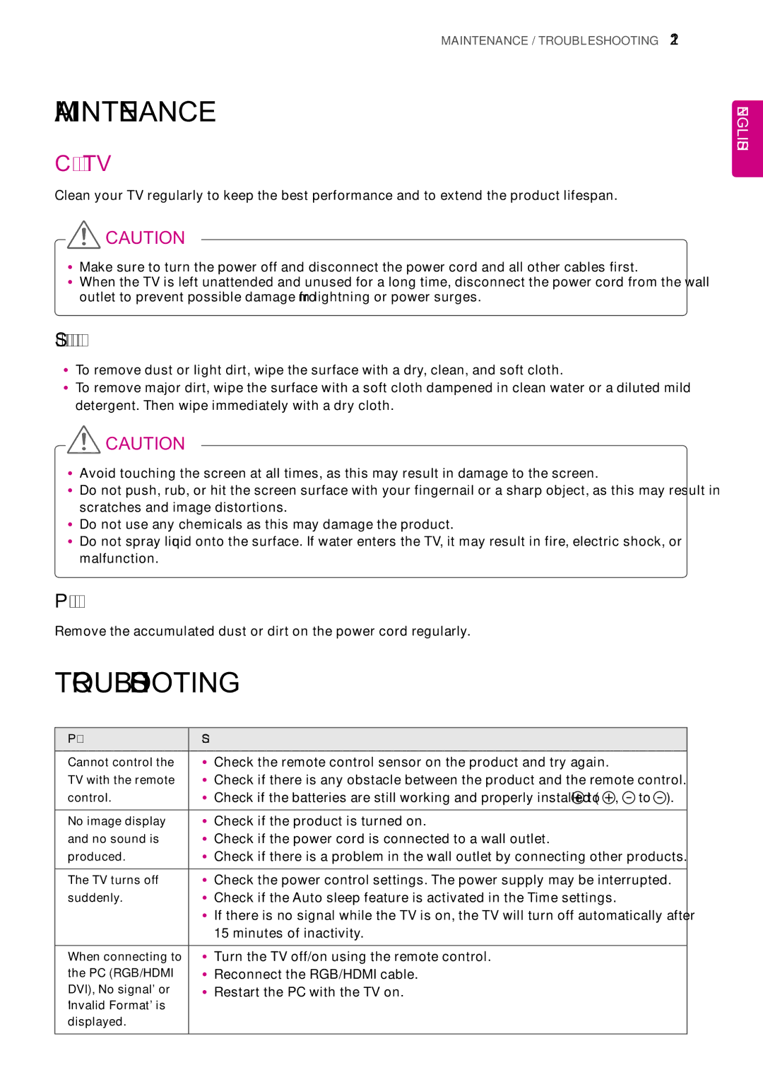 LG Electronics LT64 Maintenance, Troubleshooting, Cleaning your TV, Screen, frame, cabinet and stand, Power cord 