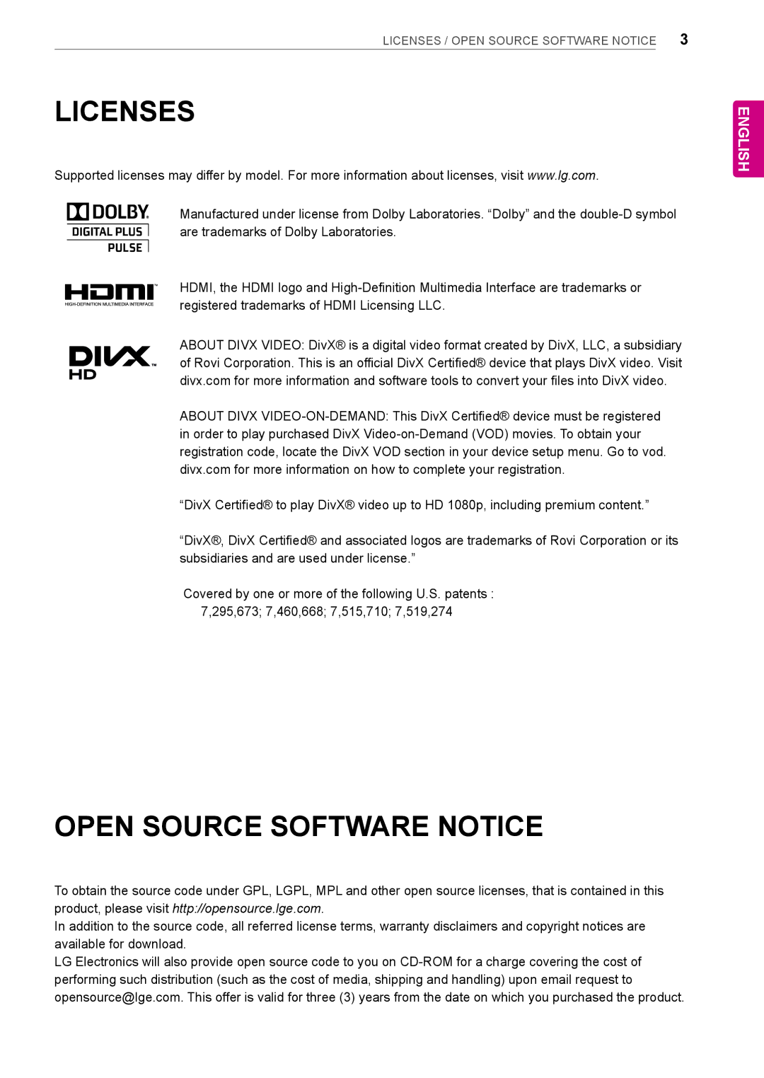 LG Electronics LT64 owner manual Licenses, Open Source Software Notice 