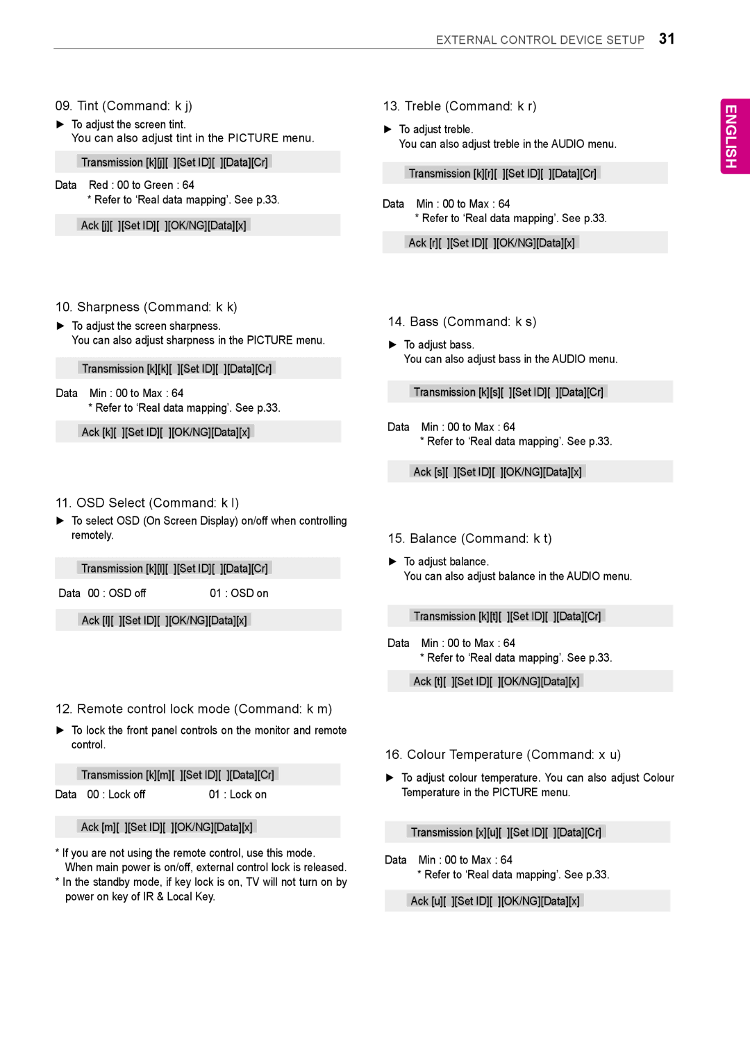 LG Electronics LT64 Tint Command k j, Sharpness Command k k, OSD Select Command k l, Remote control lock mode Command k m 