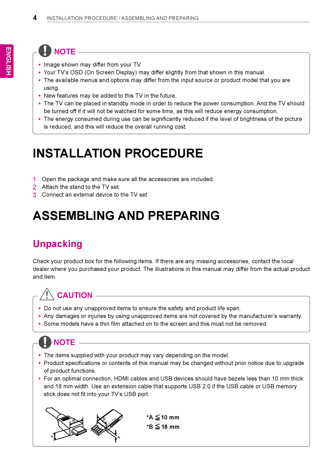 LG Electronics LT64 owner manual Assembling and Preparing, Unpacking 