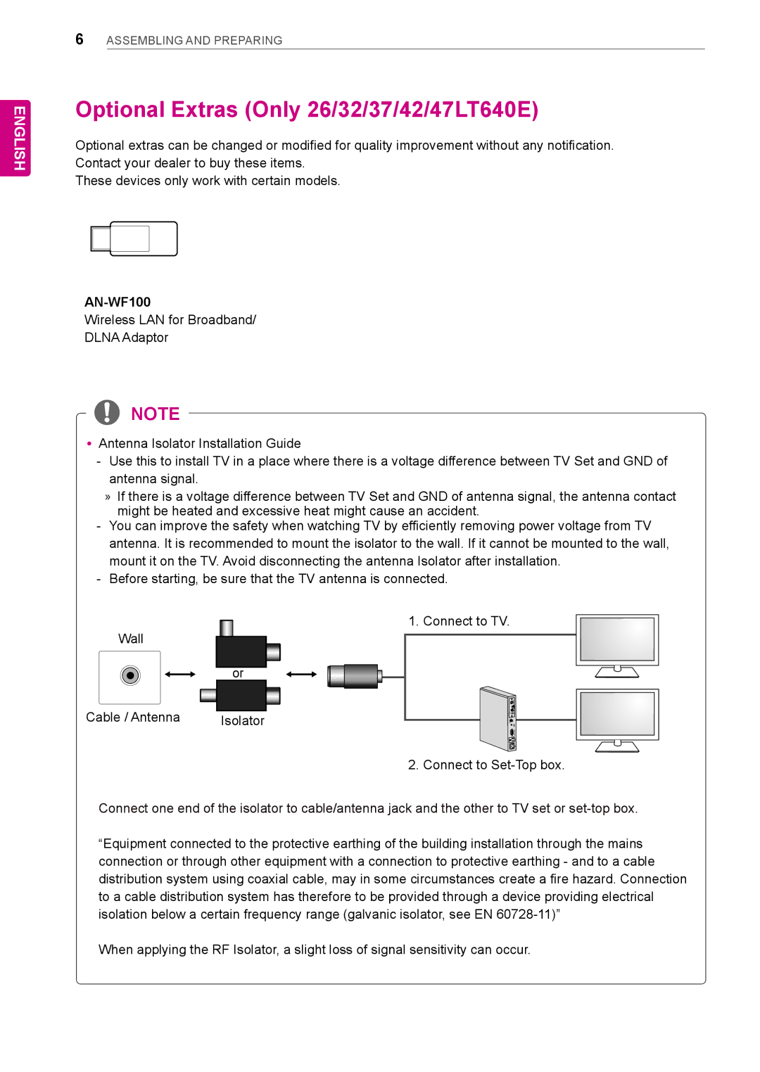 LG Electronics owner manual Optional Extras Only 26/32/37/42/47LT640E, AN-WF100 