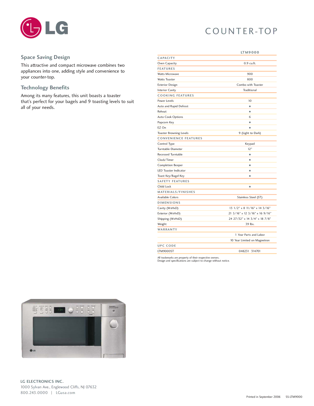 LG Electronics LTM9000 manual Space Saving Design, Technology Benefits 