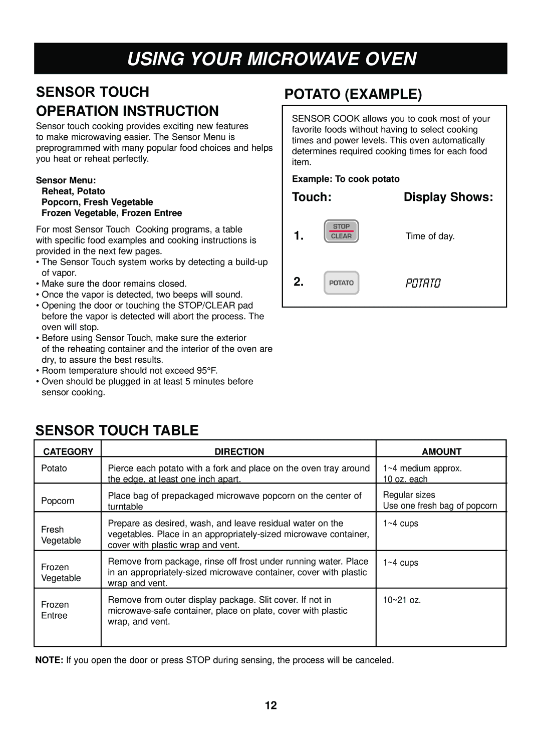 LG Electronics LTRM1240SB manual Potato Example, Sensor Touch Table, Example To cook potato, Category Direction Amount 