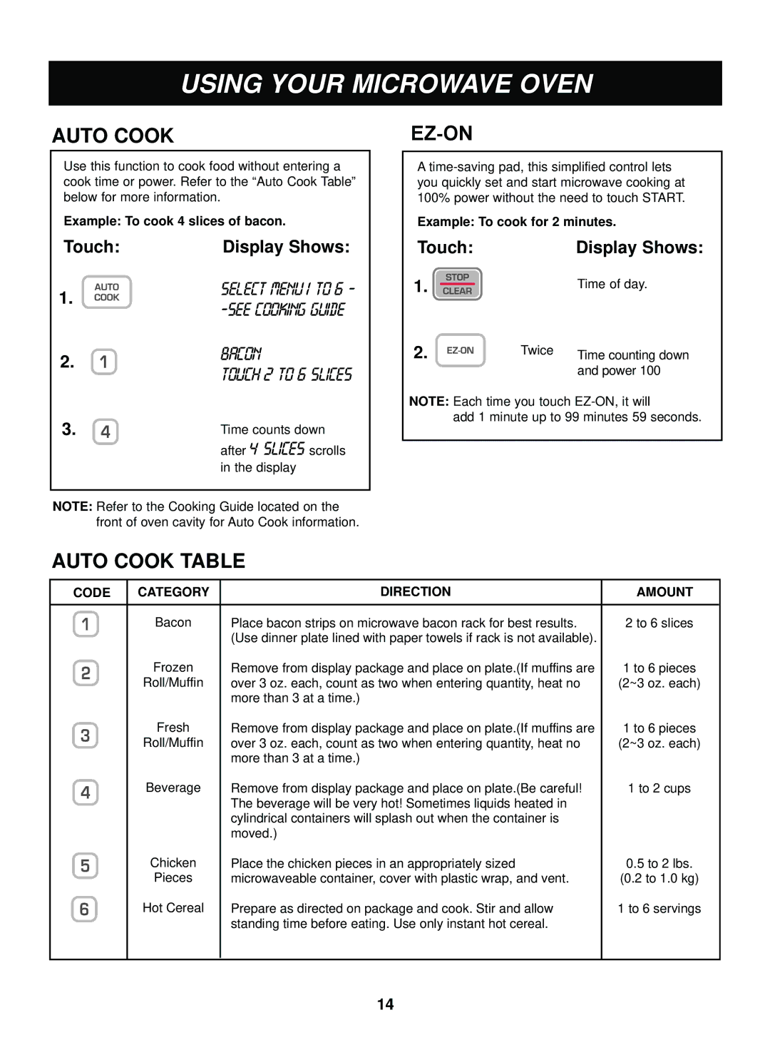 LG Electronics LTRM1240SW manual Auto Cook Table, Example To cook 4 slices of bacon, Example To cook for 2 minutes 