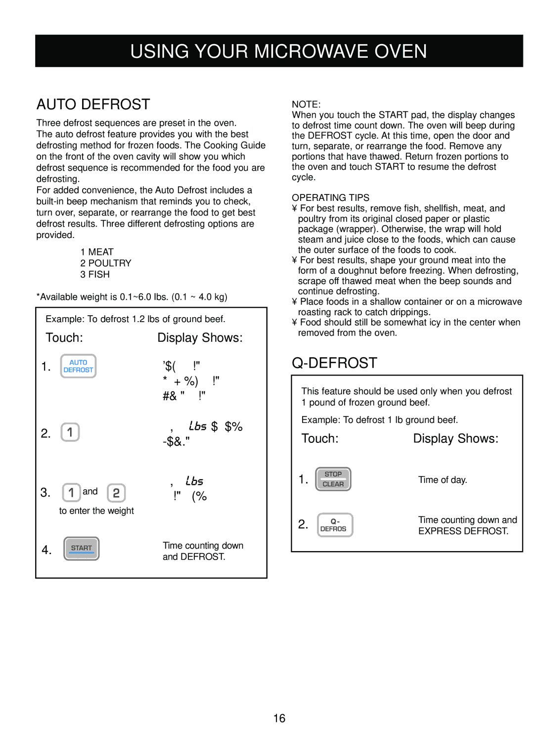 LG Electronics LTRM1240ST, LTRM1240SB, LTRM1240SW manual Auto Defrost, Meat Poultry Fish, Operating Tips, Express Defrost 