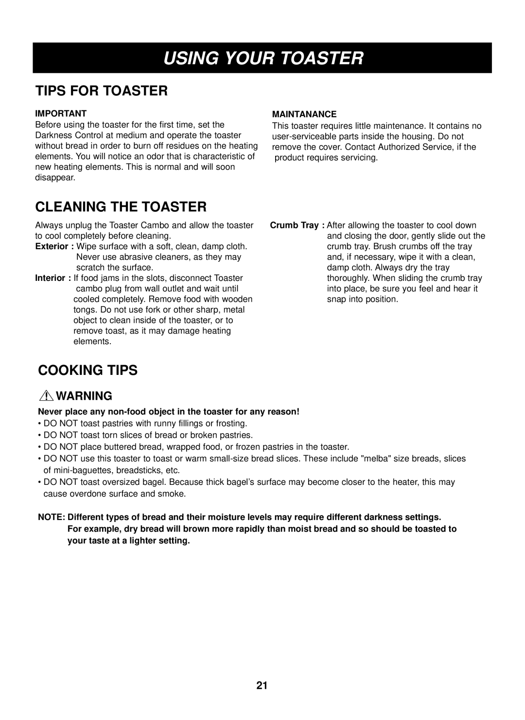 LG Electronics LTRM1240SB, LTRM1240ST, LTRM1240SW Using Your Toaster, Tips for Toaster, Cleaning the Toaster, Maintanance 