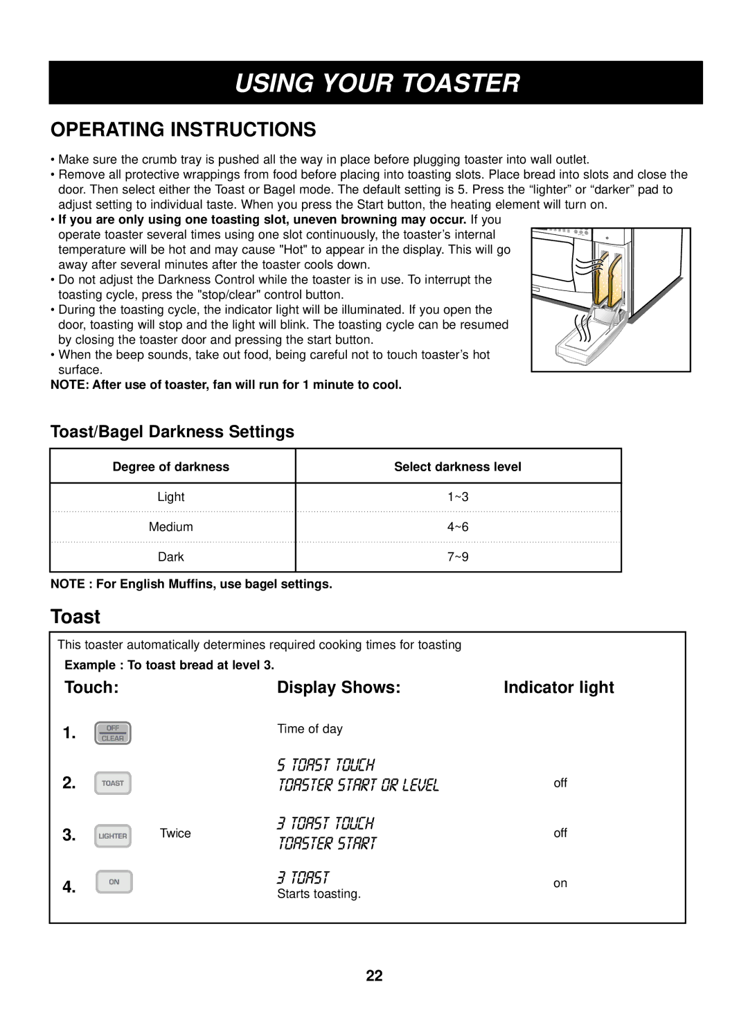 LG Electronics LTRM1240ST manual Operating Instructions, Toast/Bagel Darkness Settings, Touch Display Shows Indicator light 