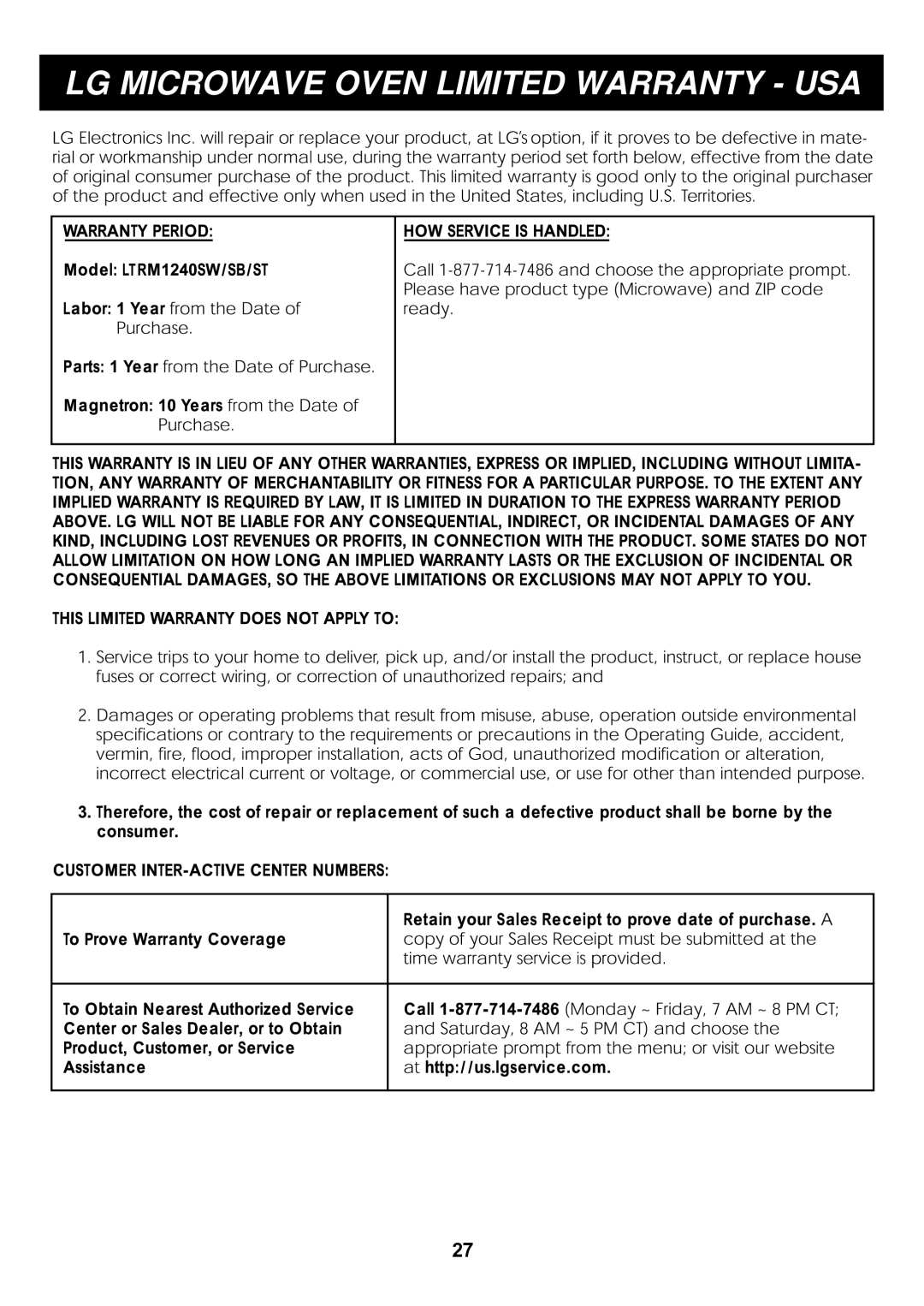 LG Electronics LTRM1240SB, LTRM1240ST, LTRM1240SW manual LG Microwave Oven Limited Warranty USA 