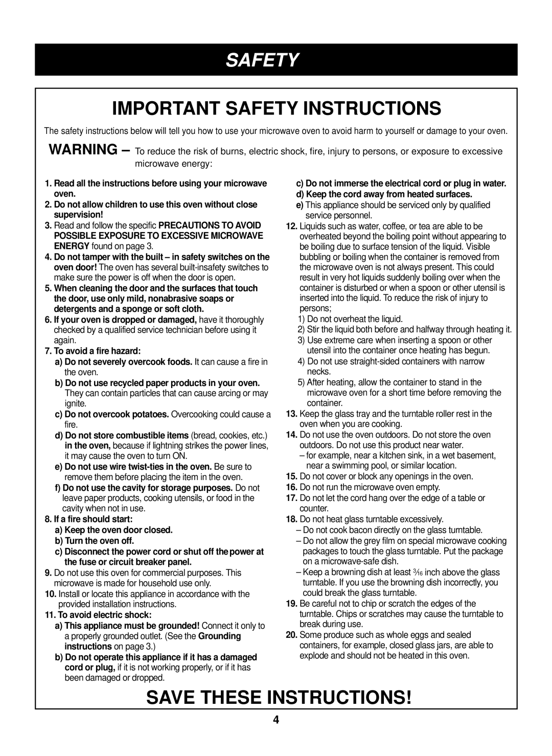 LG Electronics LTRM1240ST manual Important Safety Instructions, Possible Exposure to Excessive Microwave Energy found on 