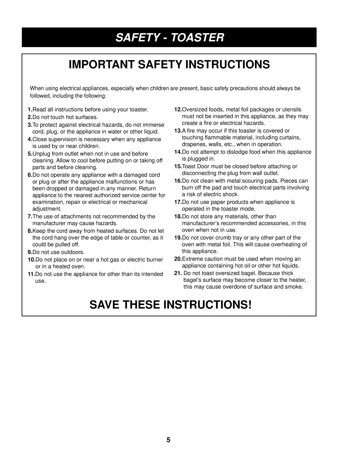 LG Electronics LTRM1240SW, LTRM1240SB, LTRM1240ST manual Safety Toaster 