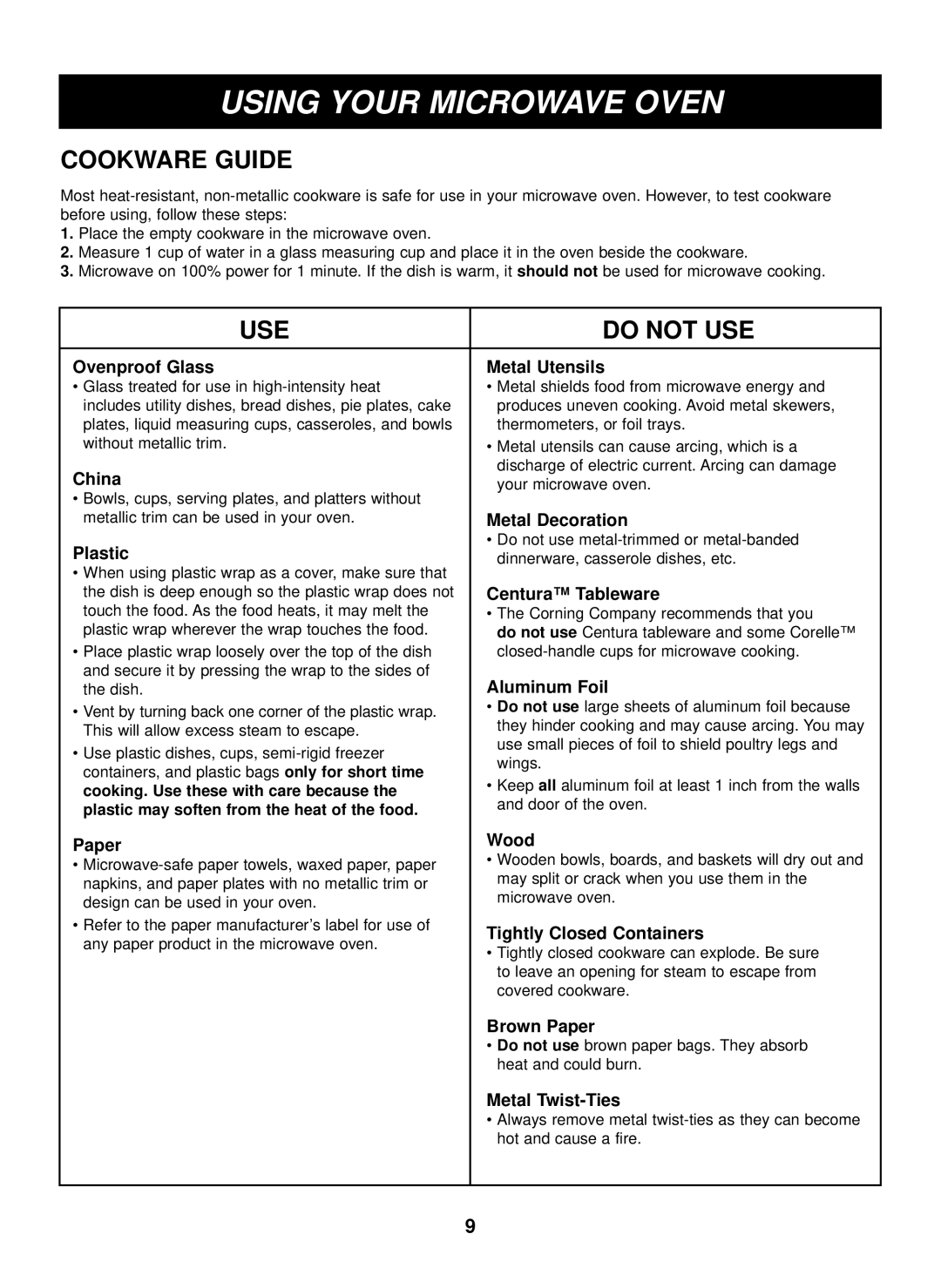 LG Electronics LTRM1240SB Using Your Microwave Oven, Cookware Guide, USE Do not USE, Cooking. Use these with care because 