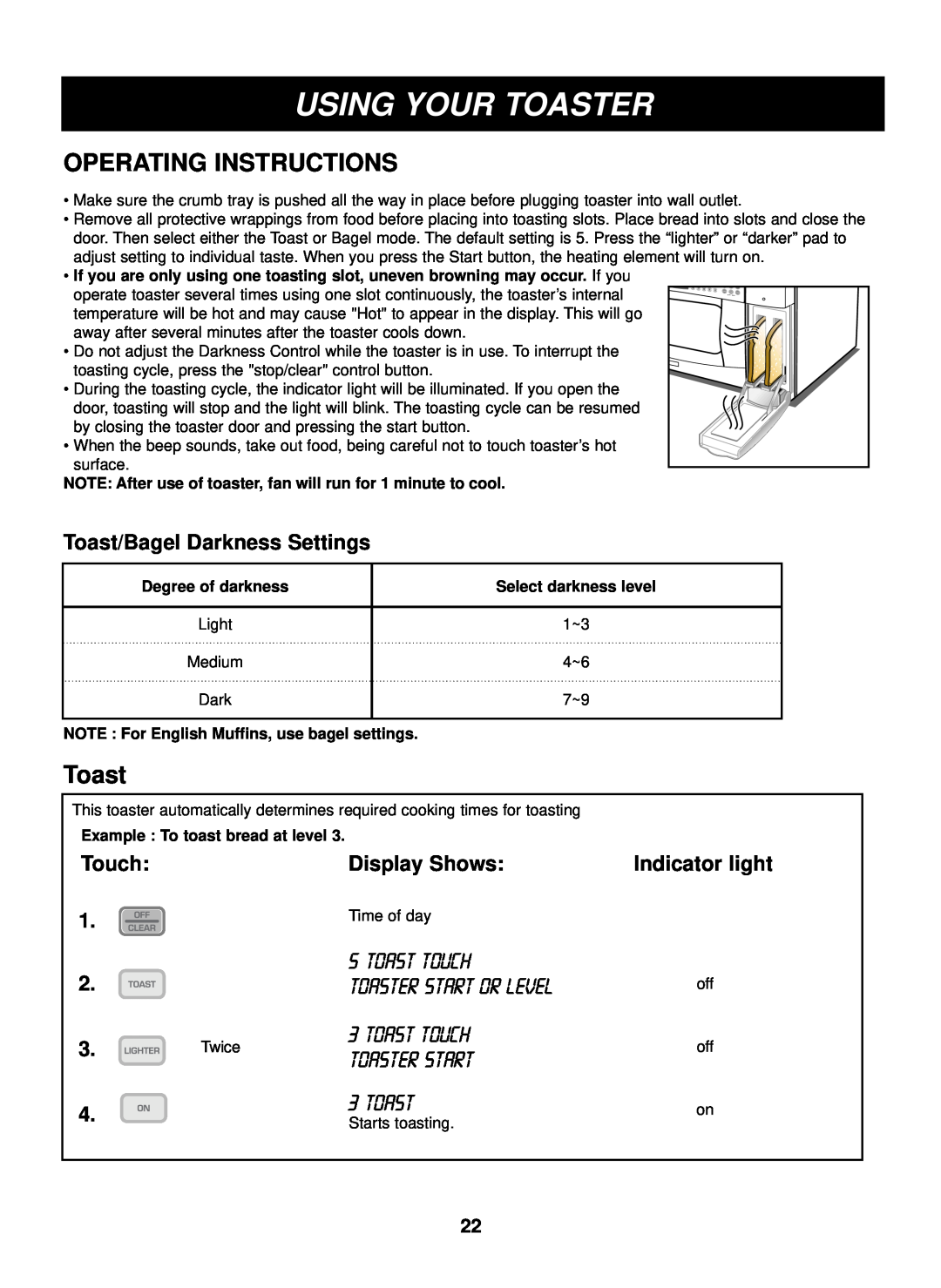 LG Electronics LTRM1240ST Operating Instructions, Toast/Bagel Darkness Settings, Indicator light, Toast Touch, English 