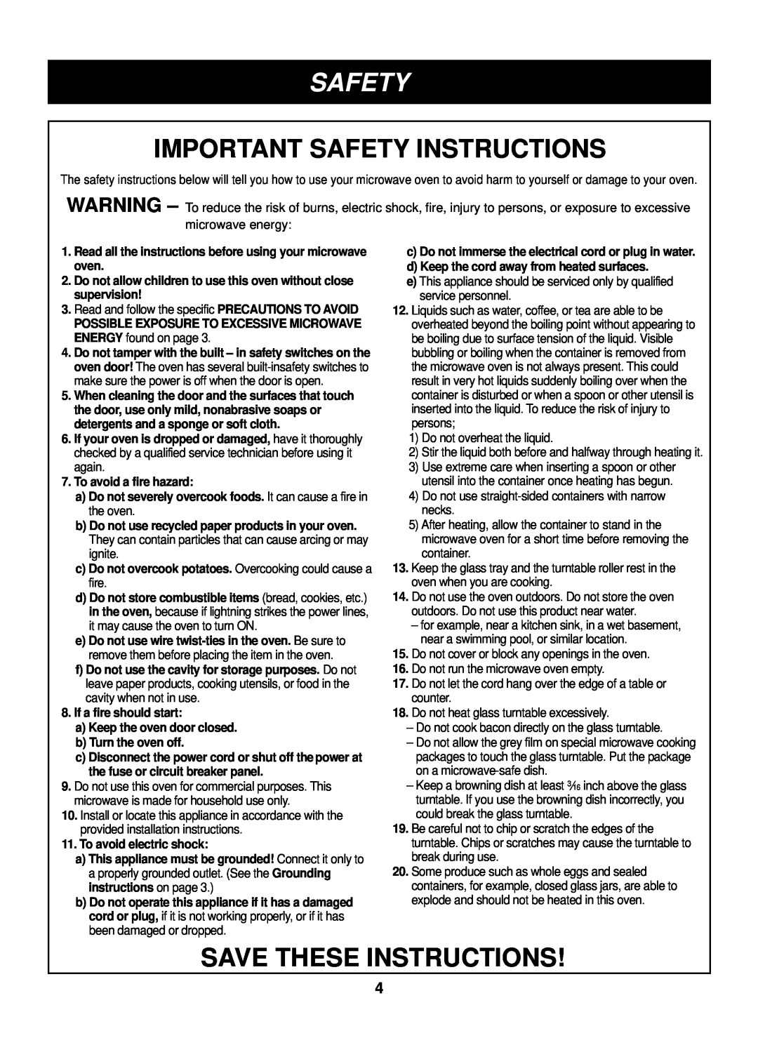 LG Electronics LTRM1240ST, LTRM1240SB, LTRM1240SW manual Important Safety Instructions, Save These Instructions 