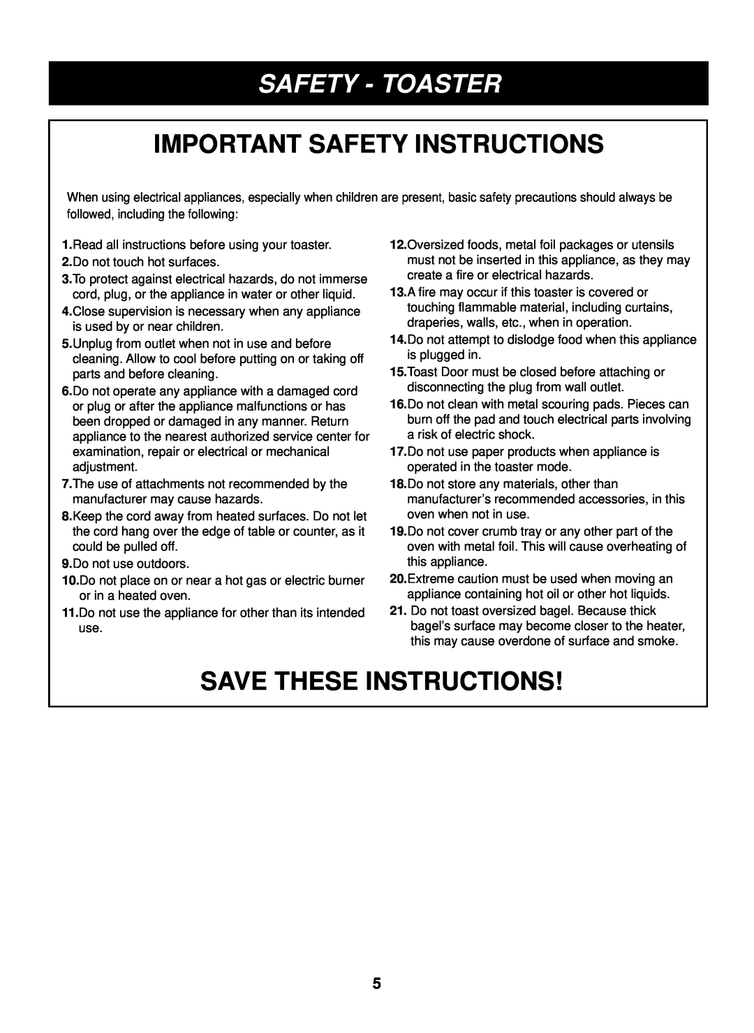 LG Electronics LTRM1240SW, LTRM1240SB Safety - Toaster, English, Important Safety Instructions, Save These Instructions 