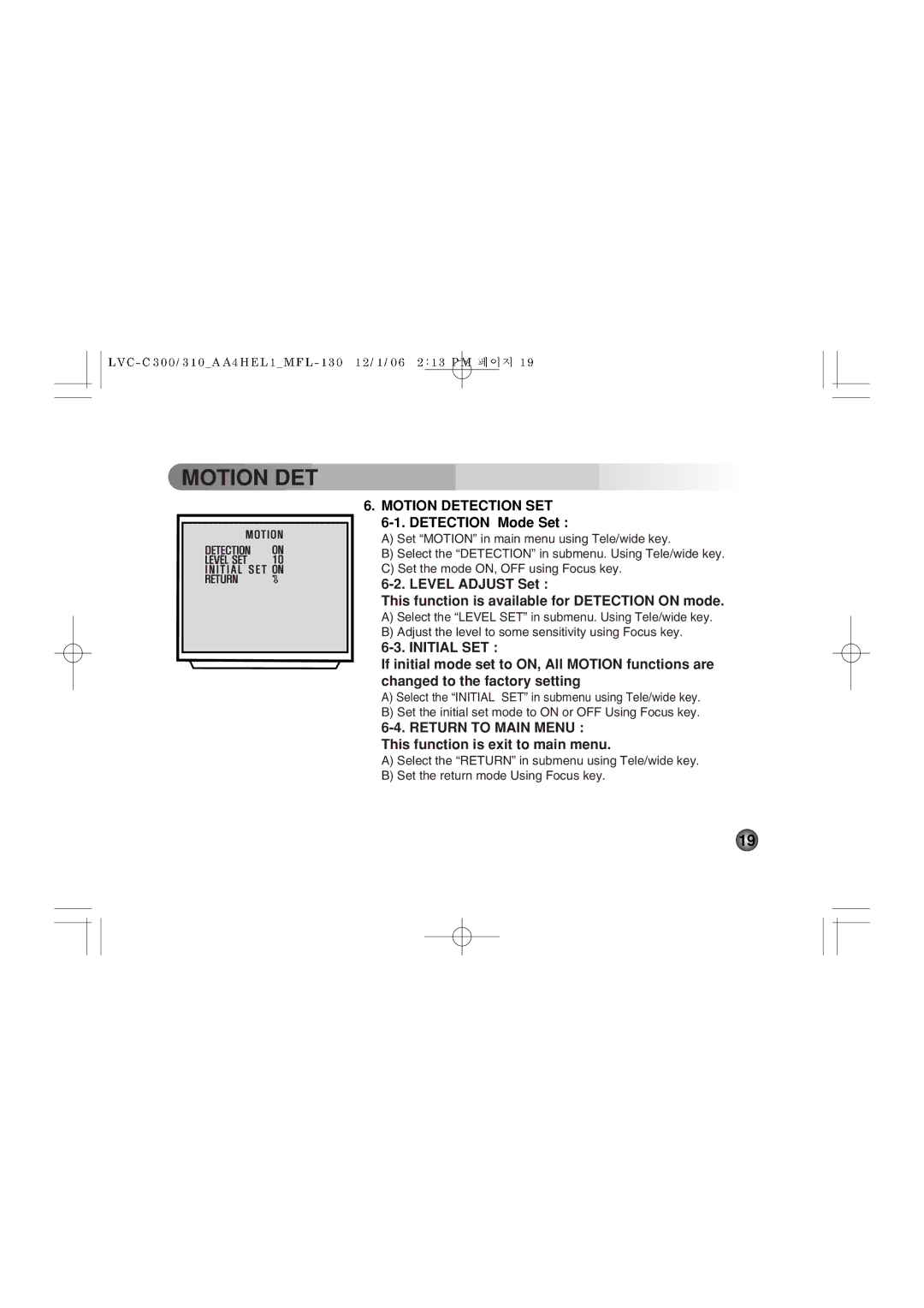 LG Electronics LVC-C303HM, LVC-C300HM, LVC-C311HM, LVC-C310NP Motion DET, Motion Detection SET, Detection Mode Set 