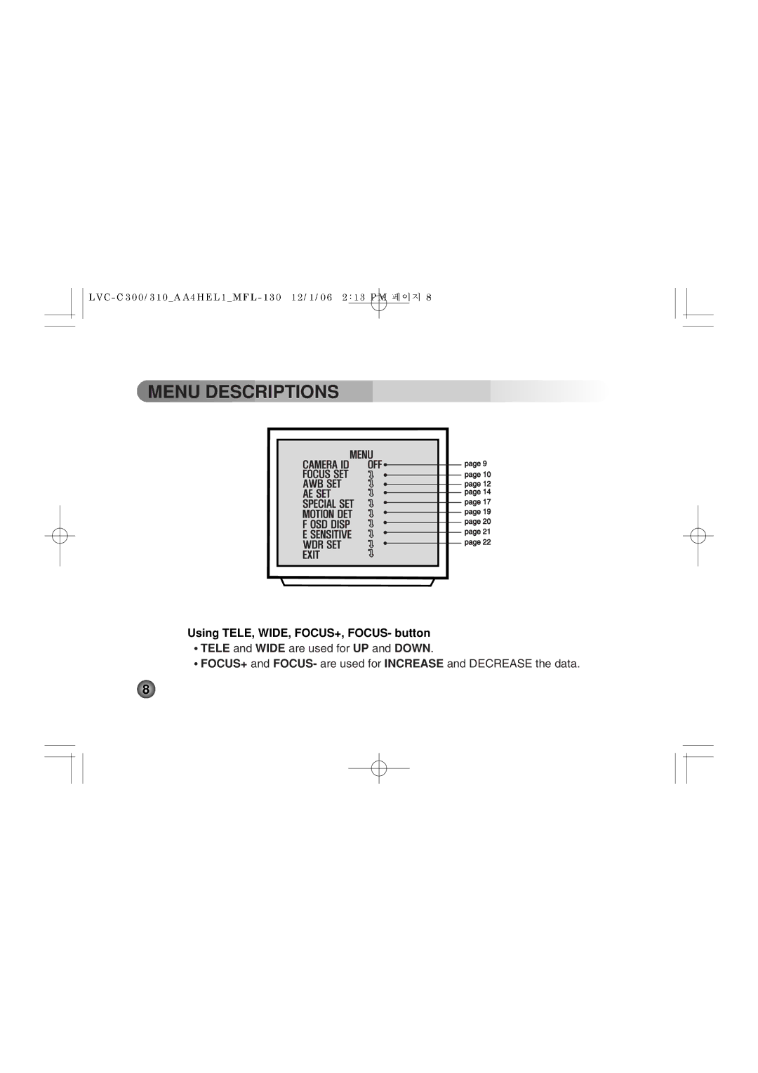 LG Electronics LVC-C310HM, LVC-C300HM, LVC-C311HM, LVC-C310NP Menu Descriptions, Using TELE, WIDE, FOCUS+, FOCUS- button 