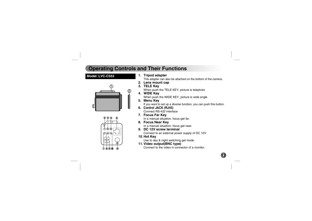 LG Electronics LVC-C500, LVC-C553, LVC-C533, LVC-C530, LVC-C513, LVC-C510, LVC-C503 manual DC 12V screw terminal, Hot Key 