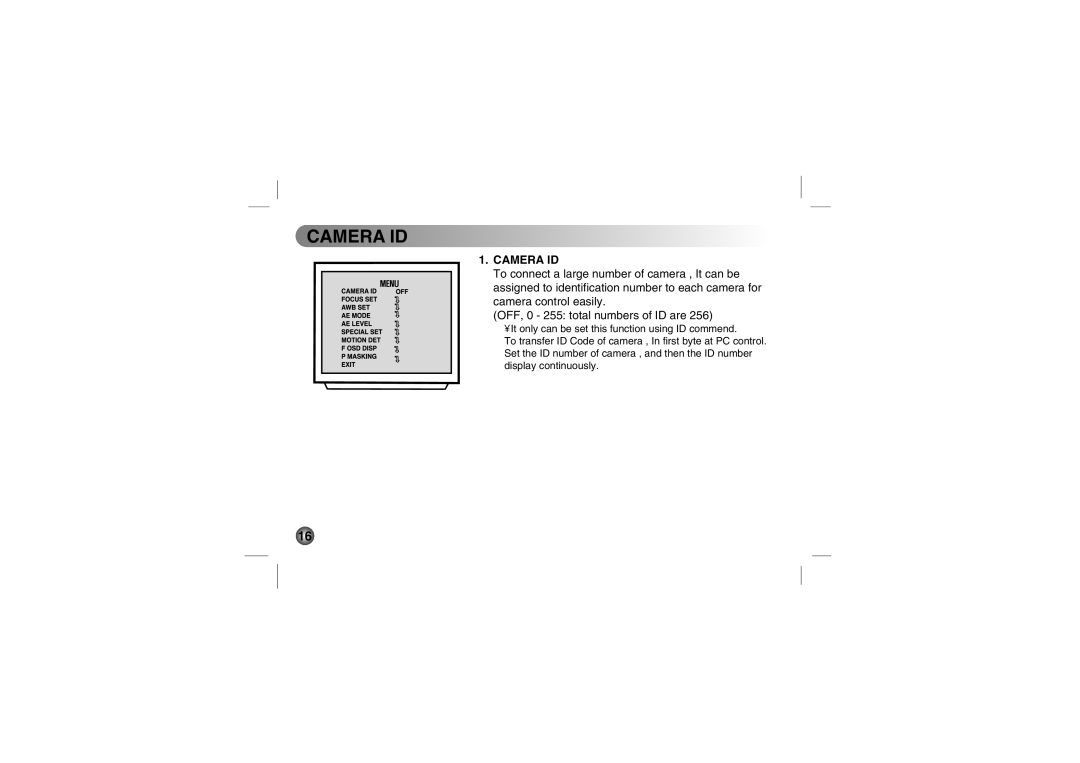 LG Electronics LVC-C530, LVC-C553, LVC-C533, LVC-C513, LVC-C510, LVC-C500, LVC-C503 manual Camera ID 