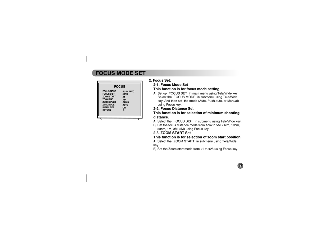 LG Electronics LVC-C513, LVC-C553, LVC-C533, LVC-C530, LVC-C510, LVC-C500, LVC-C503 manual Focus Mode SET 